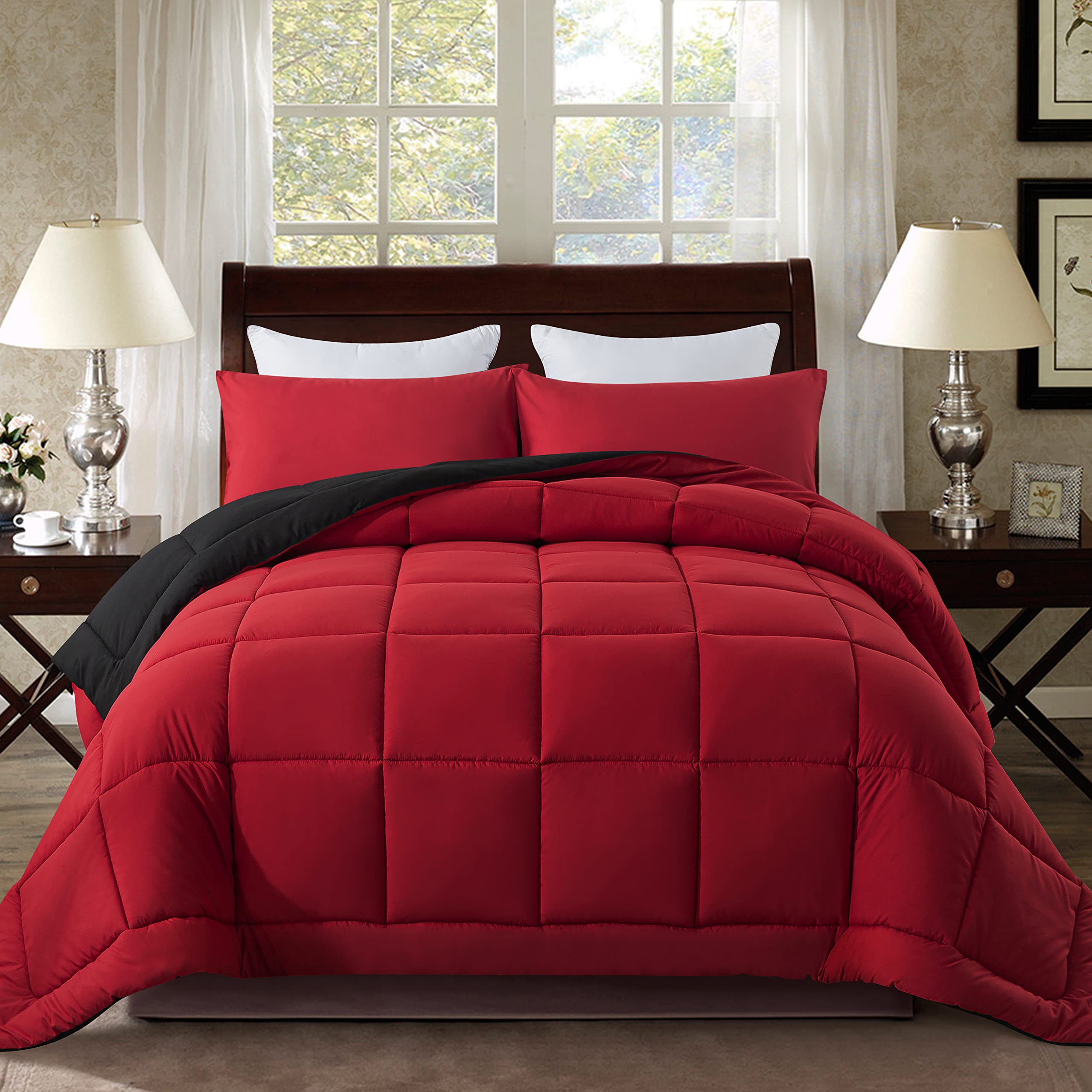 DOWNCOOL front view of king comforter showing full red and black design and coverage