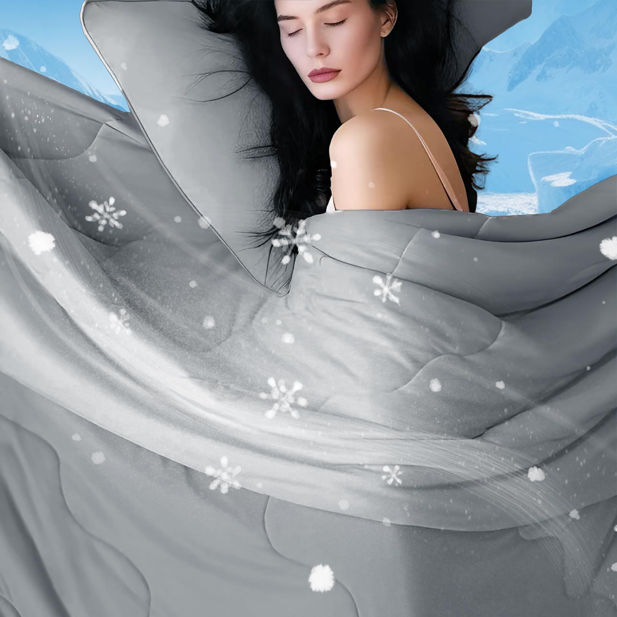 DOWNCOOL king size front view showing grey cooling comforter and benefits