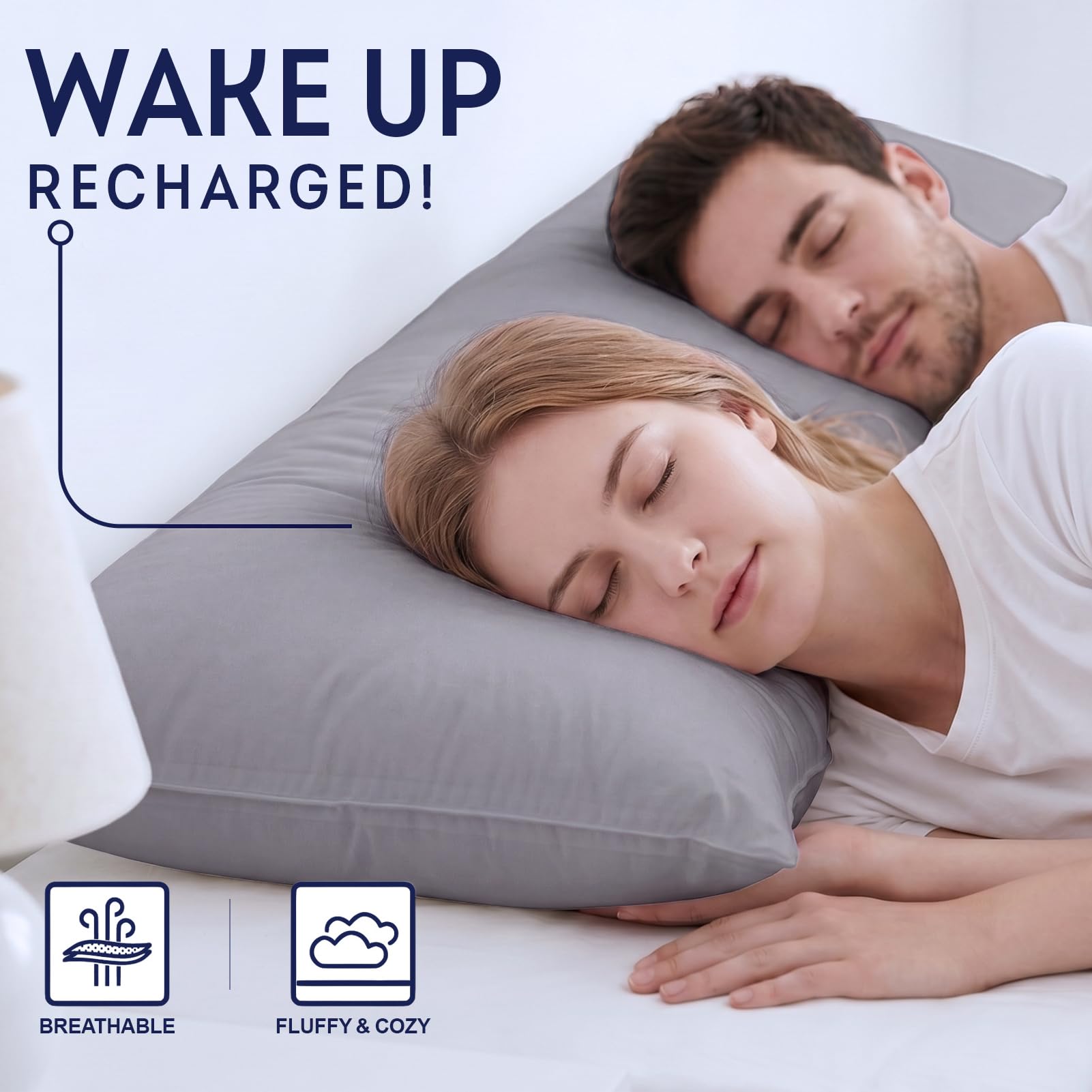 DOWNCOOL lifestyle bedroom setting displaying pillow insert in a grey pillowcase for restful sleep