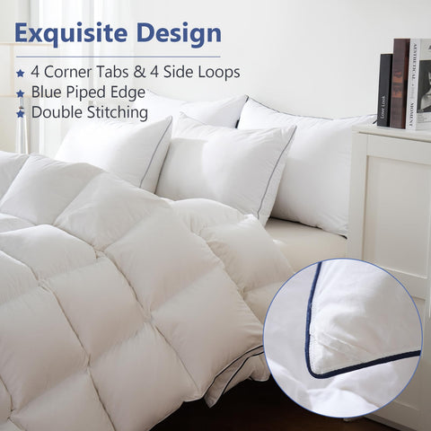 DOWNCOOL queen comforter on bed for scale showing full 90x90 coverage