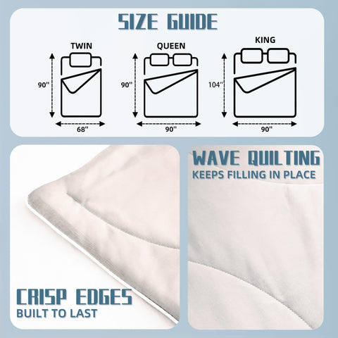 DOWNCOOL queen comforter on bed illustrating size and scale to help choose fit
