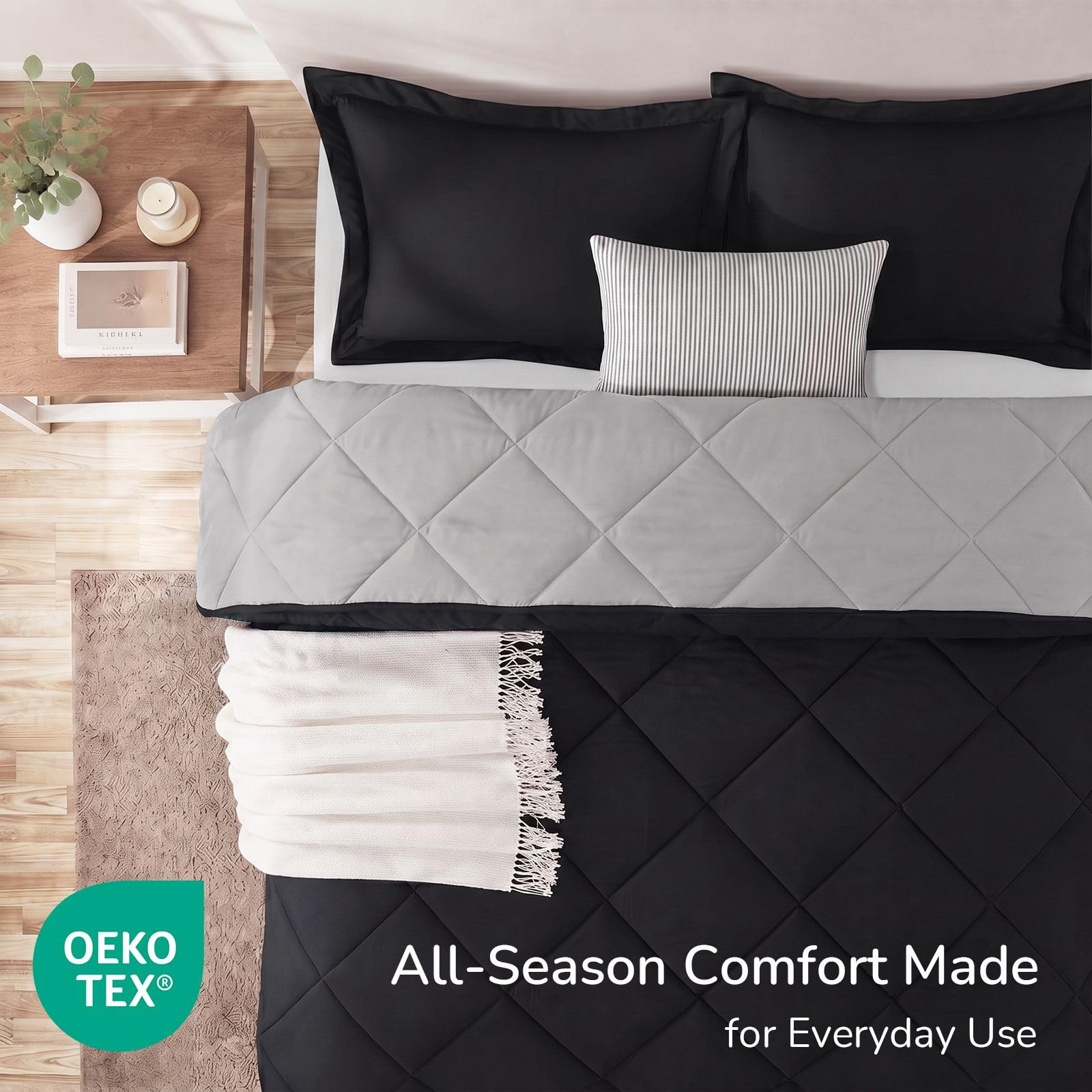 downluxe comforter flipped to show reversible black and grey sides for style versatility