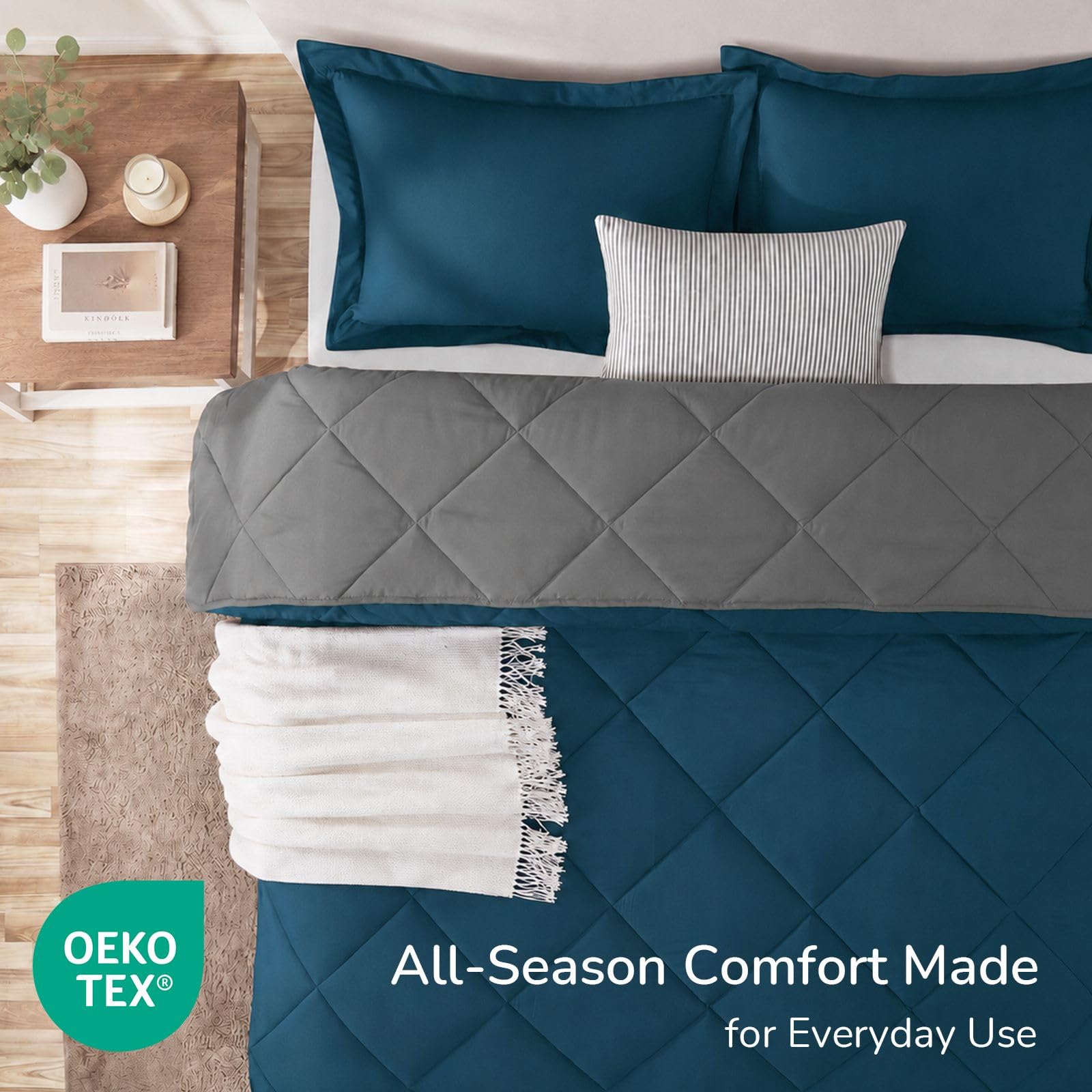 downluxe reversible comforter showing ocean and grey color options