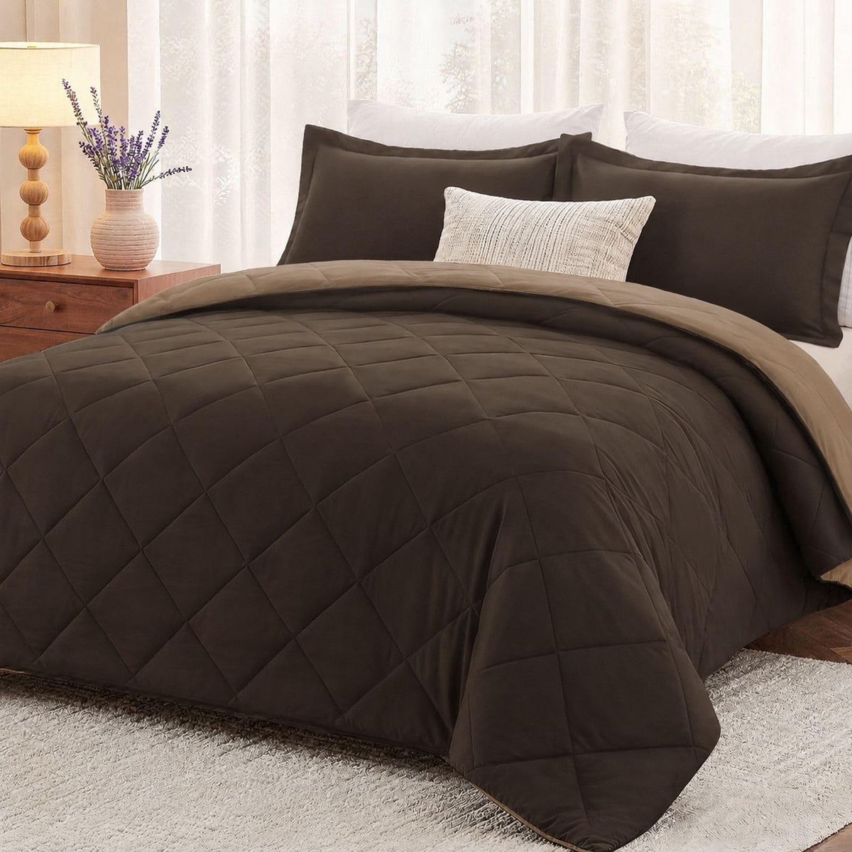 downluxe front view showing full queen comforter on bed and tidy drape