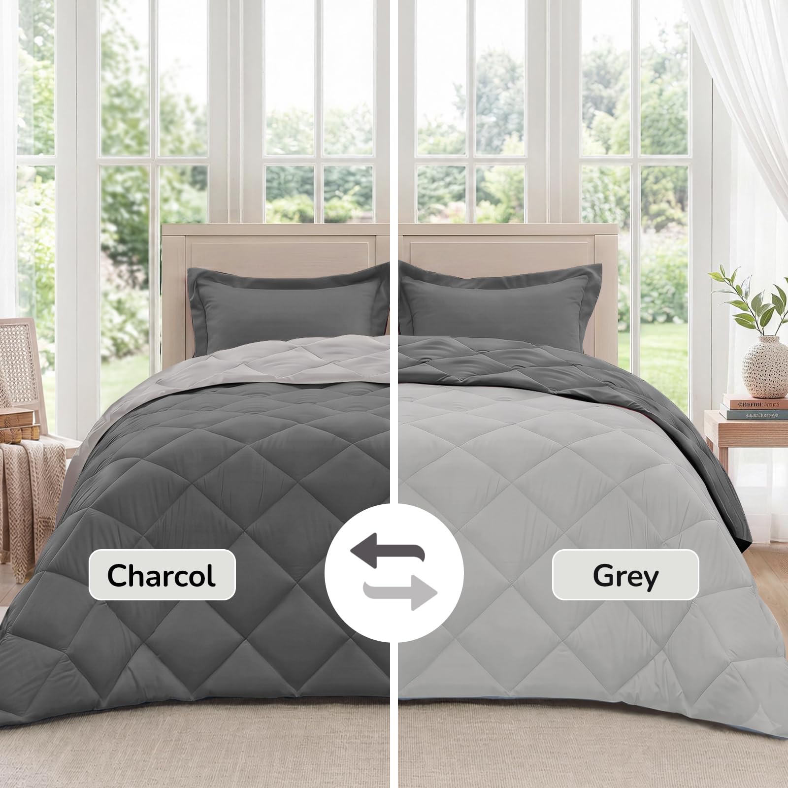 downluxe reversible side showing charcoal and grey faces for two styling options benefit