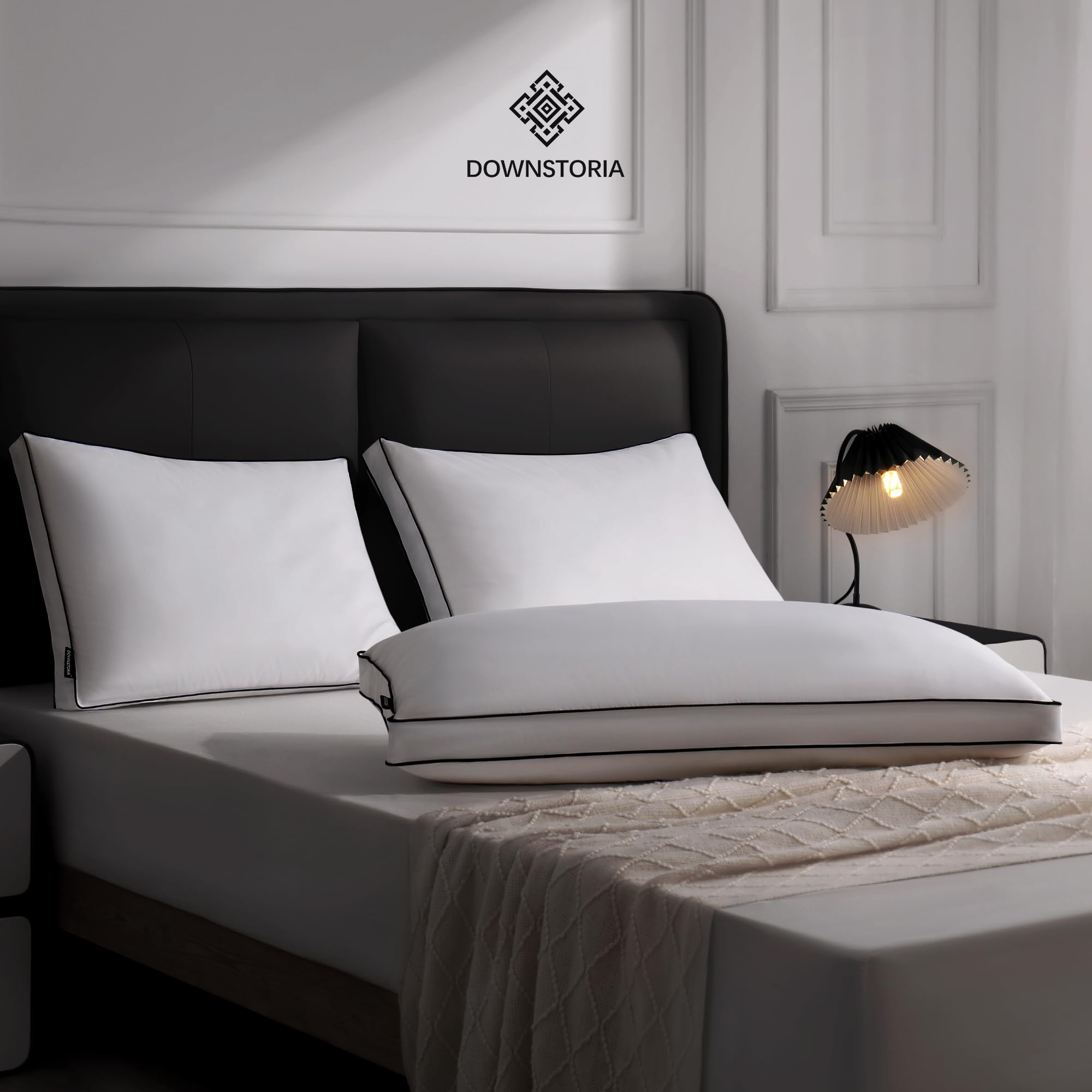 DOWNSTORIA pillow beside a ruler for size comparison and proper fit indication