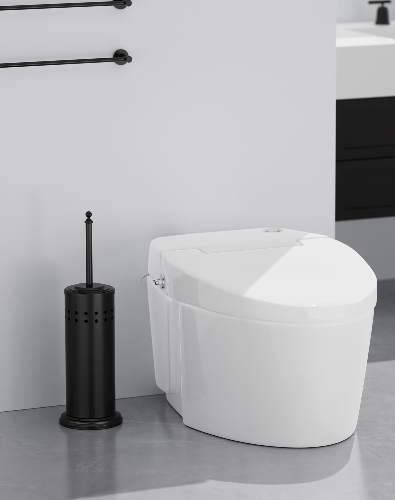 DOWRY plunger tucked beside toilet illustrating discreet storage and tidy look