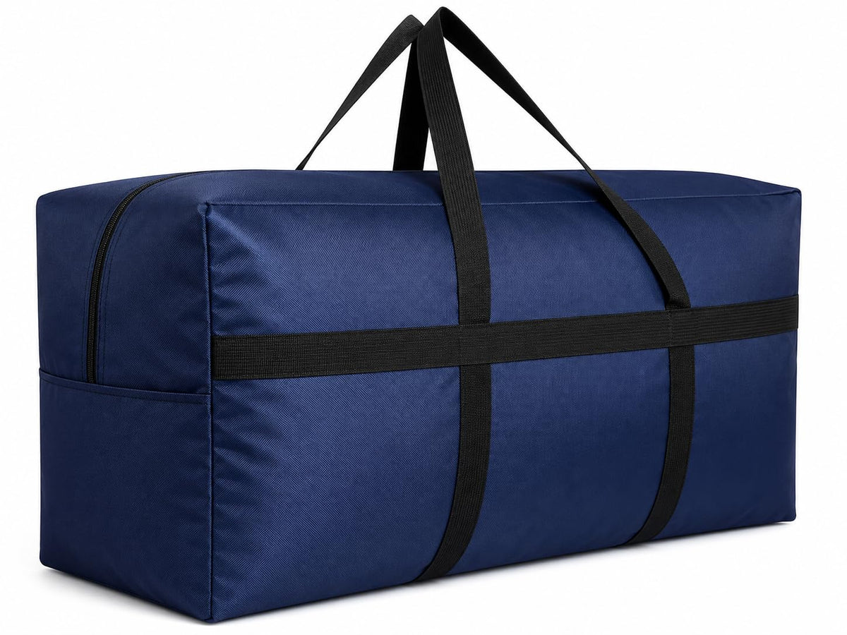 DoYiKe front view of blue 210L duffel showing capacity and shape benefit: clear capacity view