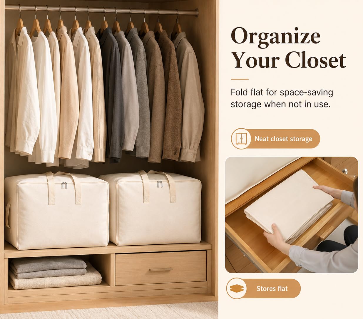 DoYiKe storage bag placed on closet shelf demonstrating tidy bedding storage and accessibility