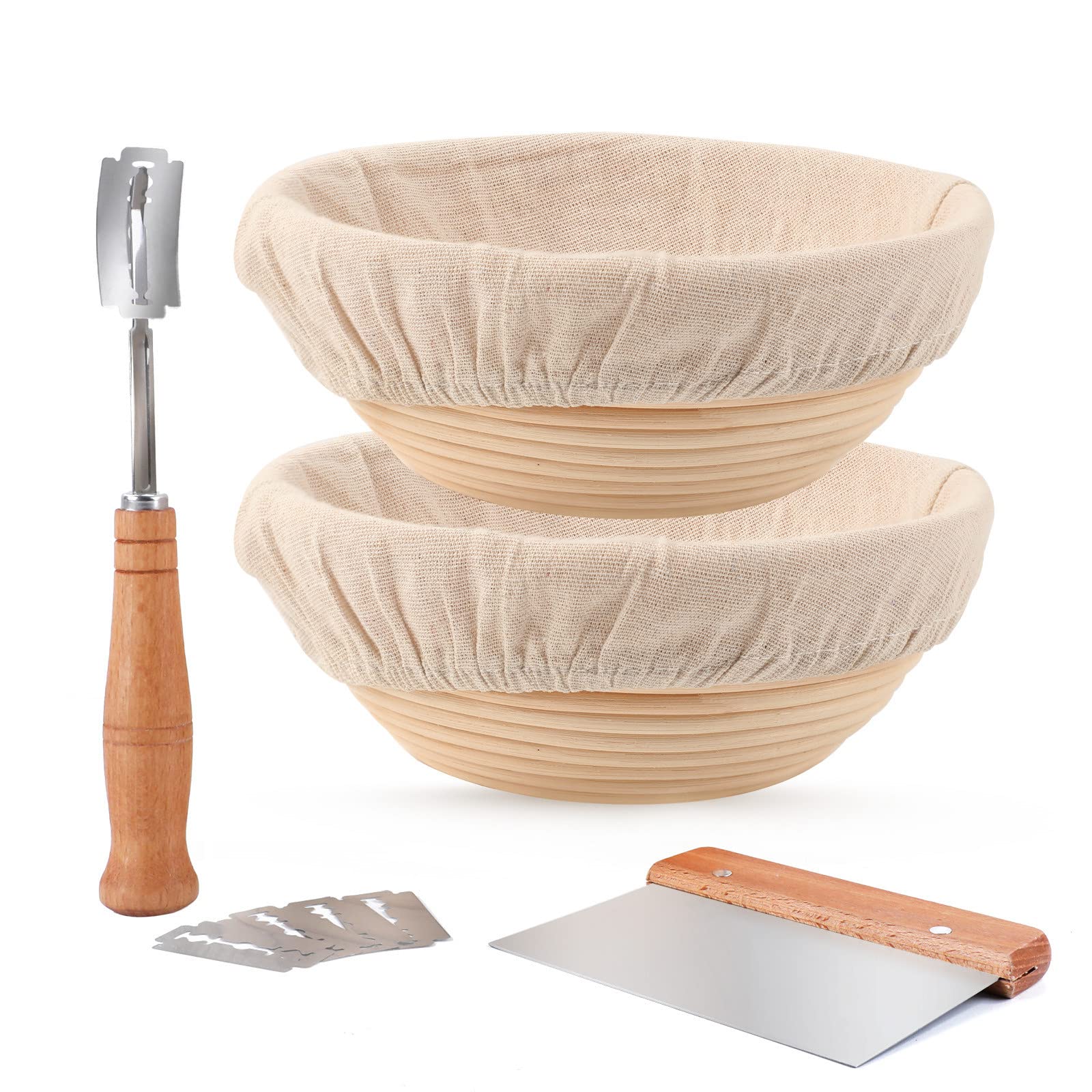 DOYOLLA front view of full proofing basket kit showing included tools and benefits