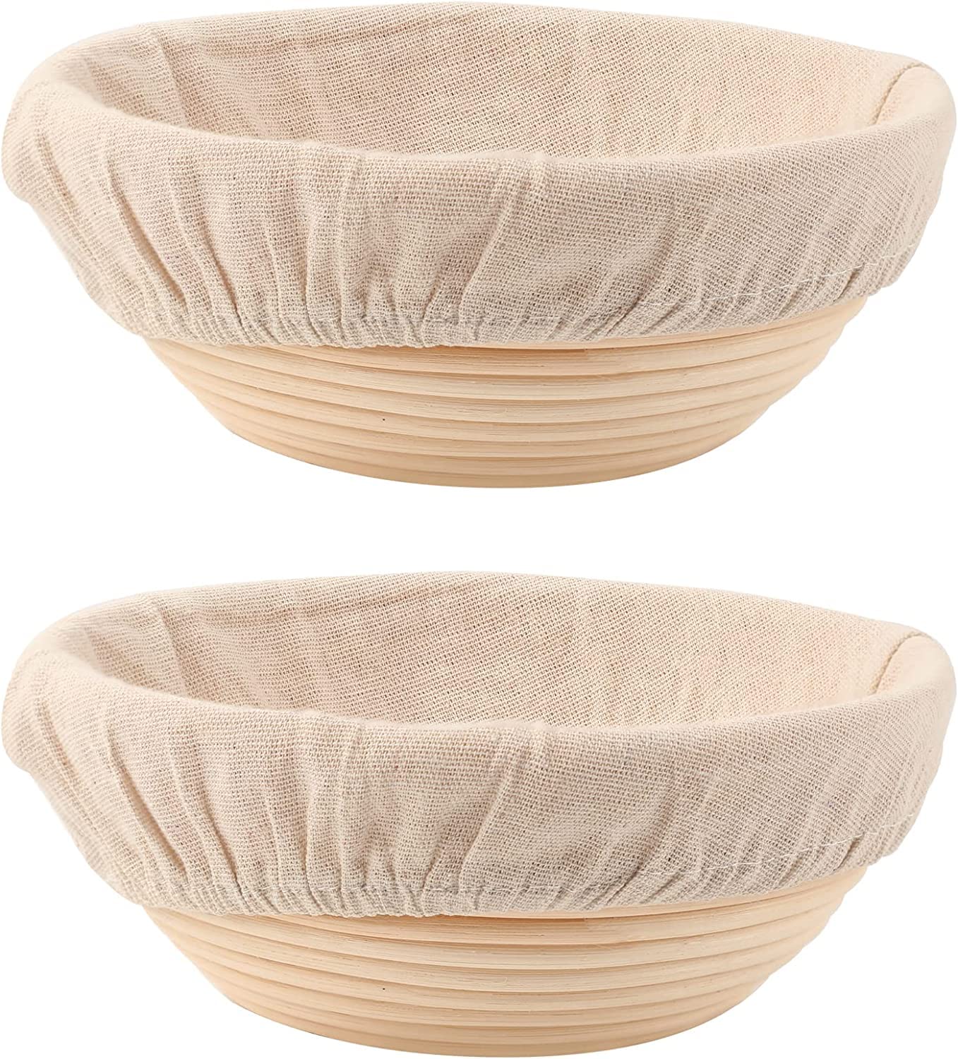 DOYOLLA front view of two 9-inch round proofing baskets showing set and liners for consistent shaping