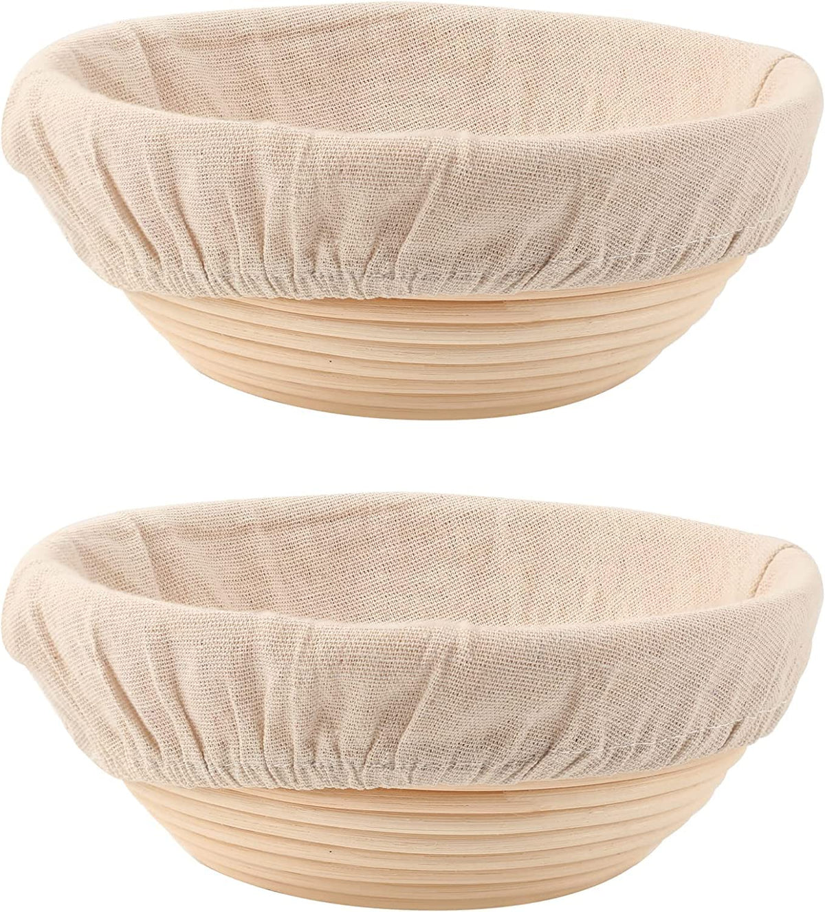 DOYOLLA front view of two 9-inch round proofing baskets showing set and liners for consistent shaping