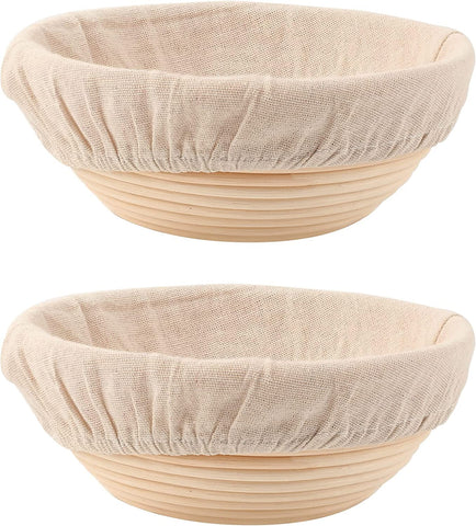 DOYOLLA front view of two 9-inch round proofing baskets showing set and liners for consistent shaping