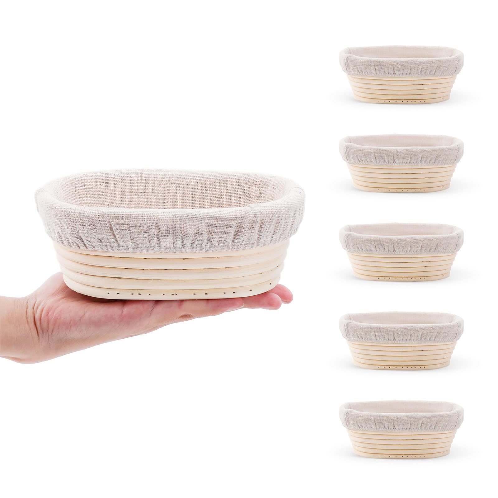 DOYOLLA front view of five 6.5-inch oval proofing baskets showing compact set benefits