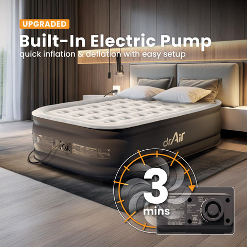 Dr. Air built-in pump close-up highlighting quick inflation and quiet operation benefit