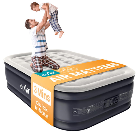Dr. Air full air mattress front view showing raised height and roomy surface for comfortable sleep