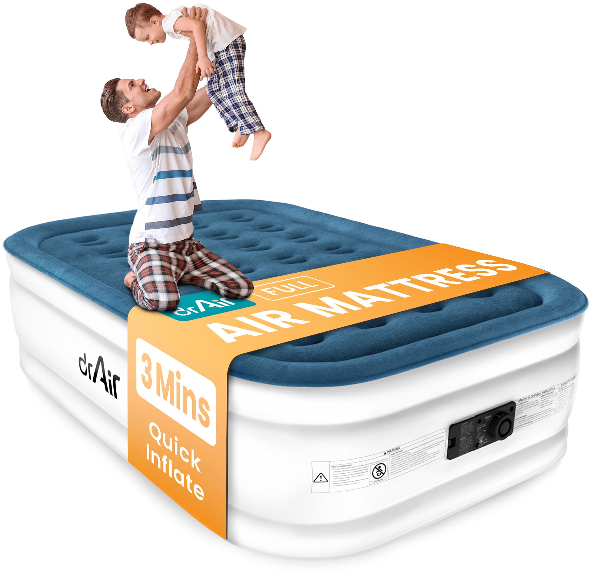 Dr. Air front packaging showing mattress and features for fast setup