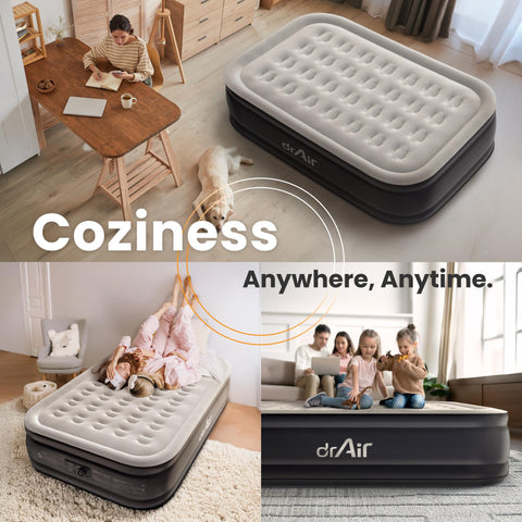 Dr. Air inflated mattress in bedroom lifestyle showing easy guest setup and mattress-like feel