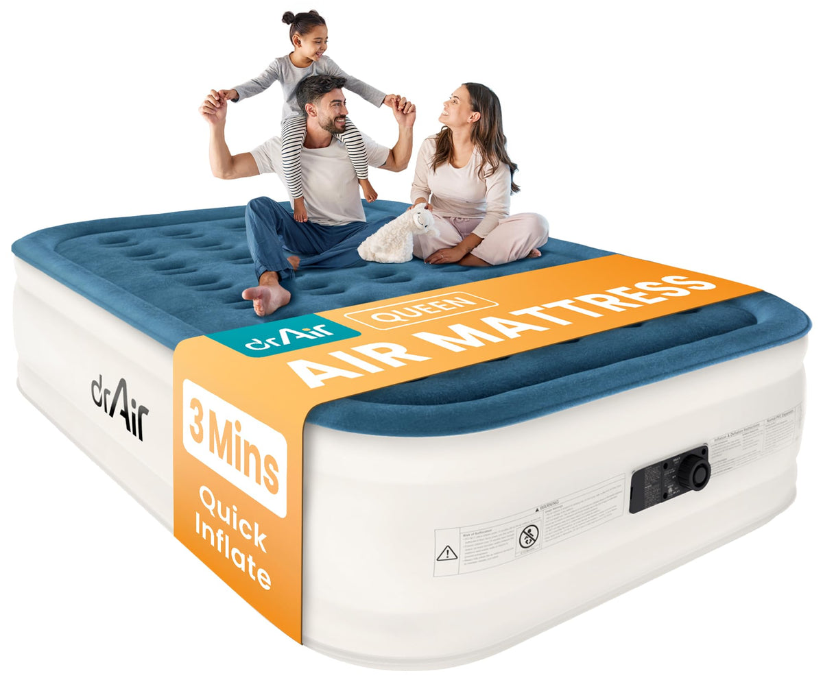 Dr. Air front view of queen air mattress showing full size and stable height