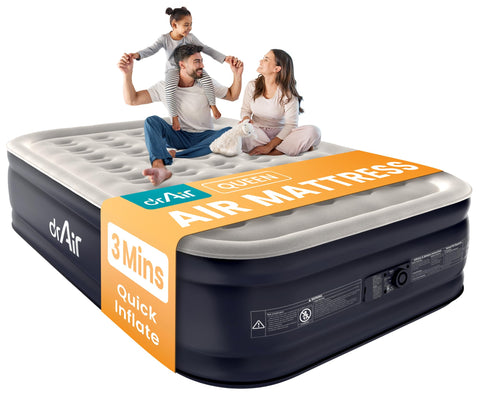 Dr. Air front view of inflated queen mattress showing raised profile and benefit of spacious comfort