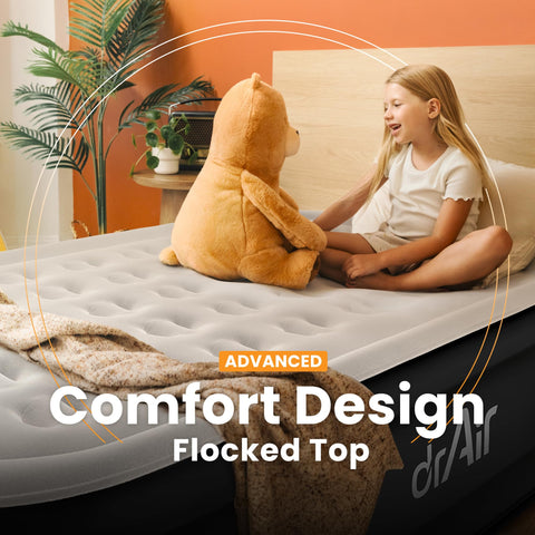 Dr. Air mattress set up in bedroom lifestyle scene showing stable sleep surface benefit