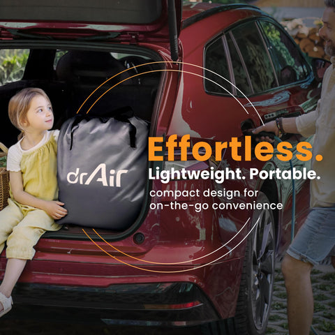 Dr. Air inflated mattress beside chair for scale demonstrating 18-inch raised height benefit