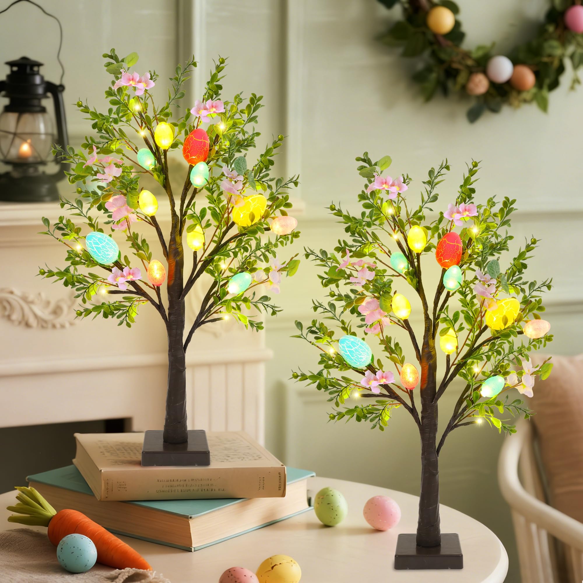 DR.DUDU front view of both 24 inch trees showing full holiday look and instant ambiance
