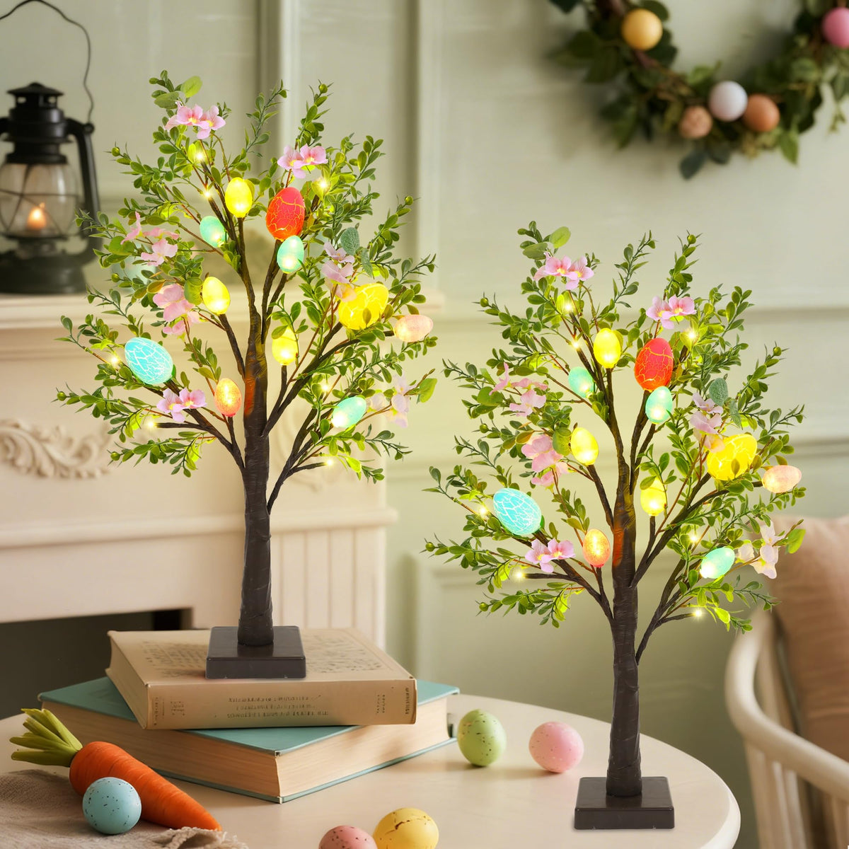 DR.DUDU front view of both 24 inch trees showing full holiday look and instant ambiance