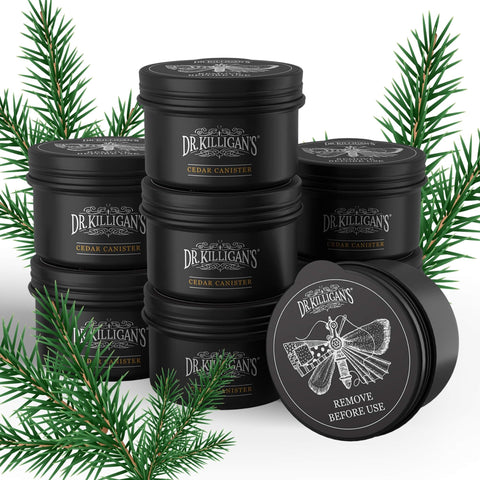 Dr. Killigan's front packaging shows eight cedar tins and clear labeling for protection