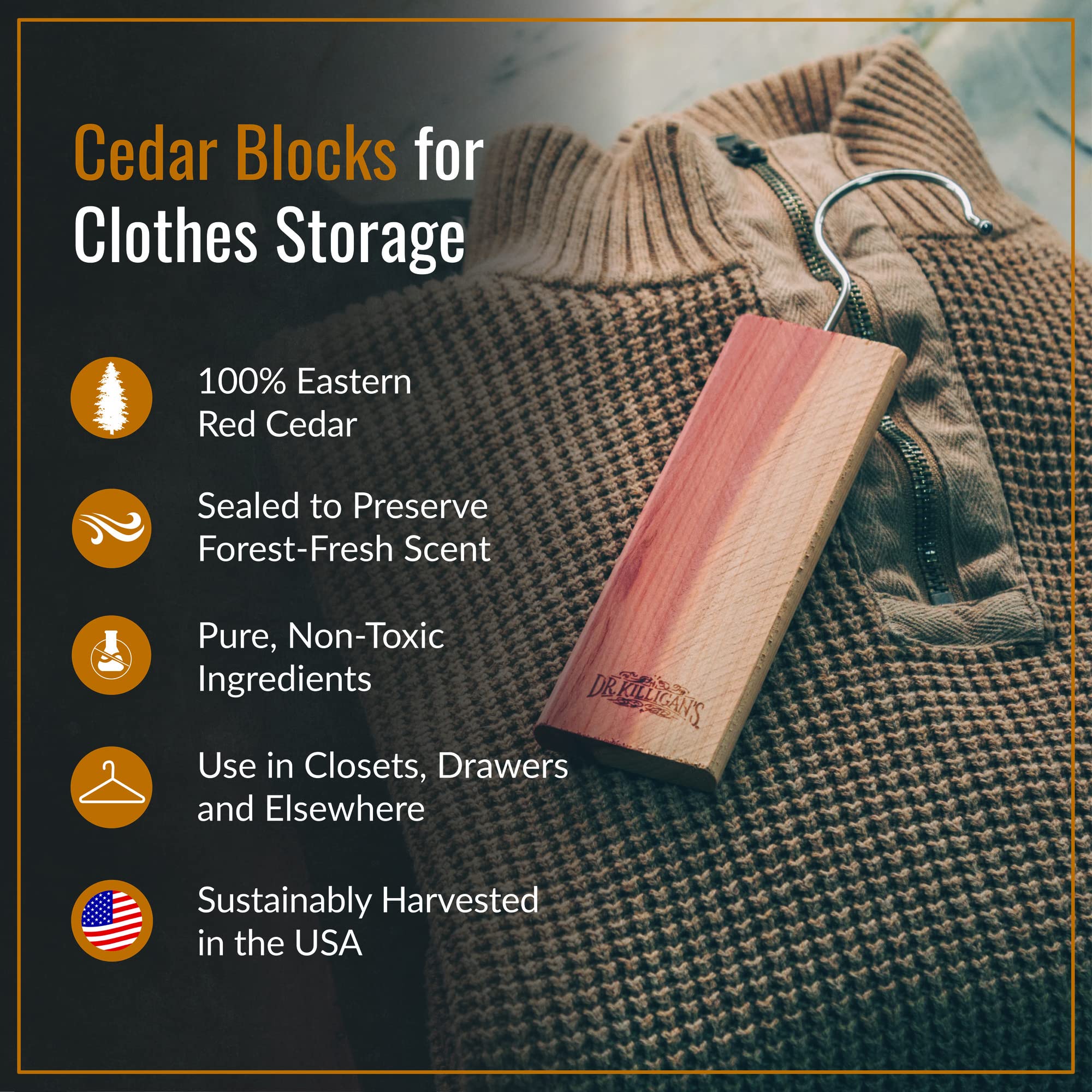 Dr. Killigan's close-up of cedar grain and hand-sanded finish, highlights long-lasting scent