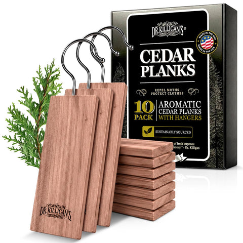 Dr. Killigan's front packaging showing ten cedar planks and hooks, natural moth protection