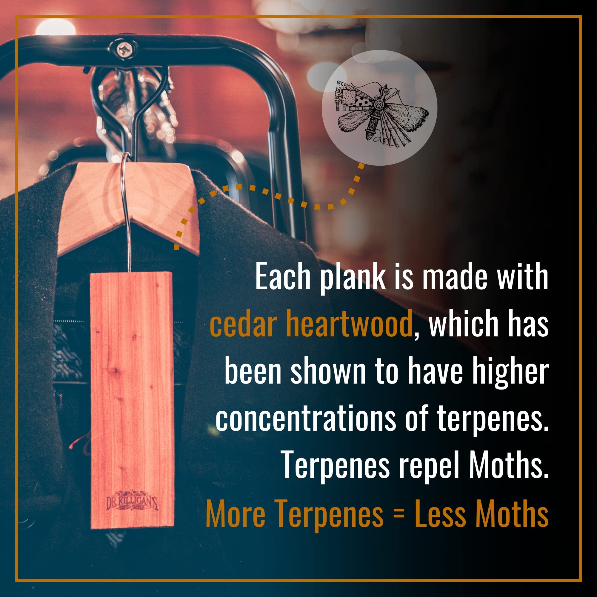 Dr. Killigan's cedar plank hung between shirts on a closet rod, keeps clothes moth-free