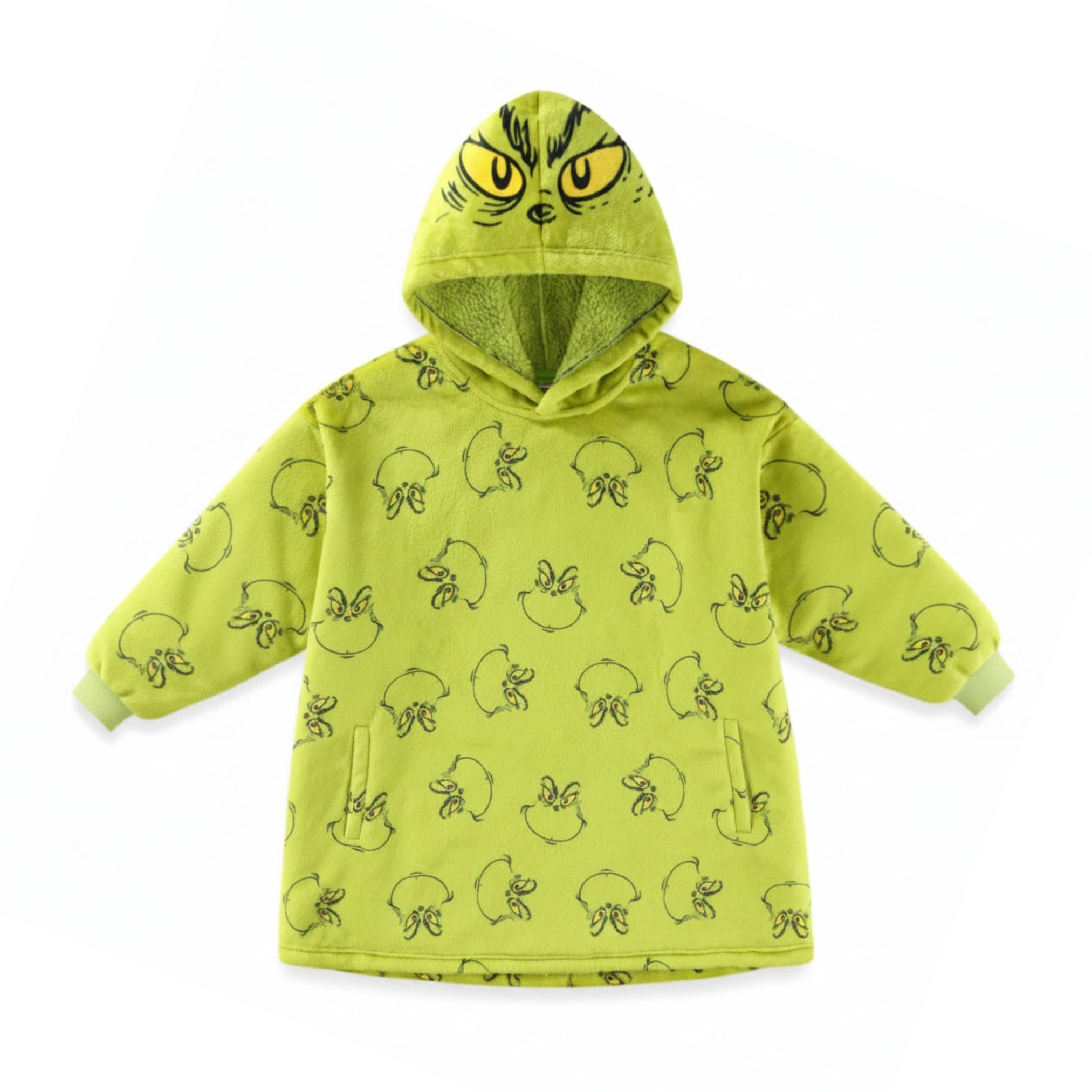 Dr. Seuss Grinch 3D hood detail with character face for playful wear