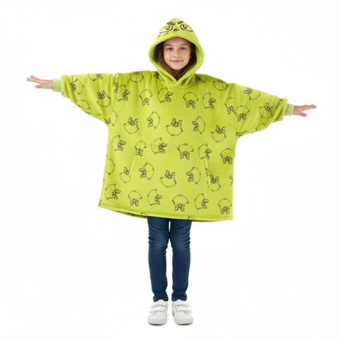 Dr. Seuss Grinch front view showing cozy oversized fit and festive design