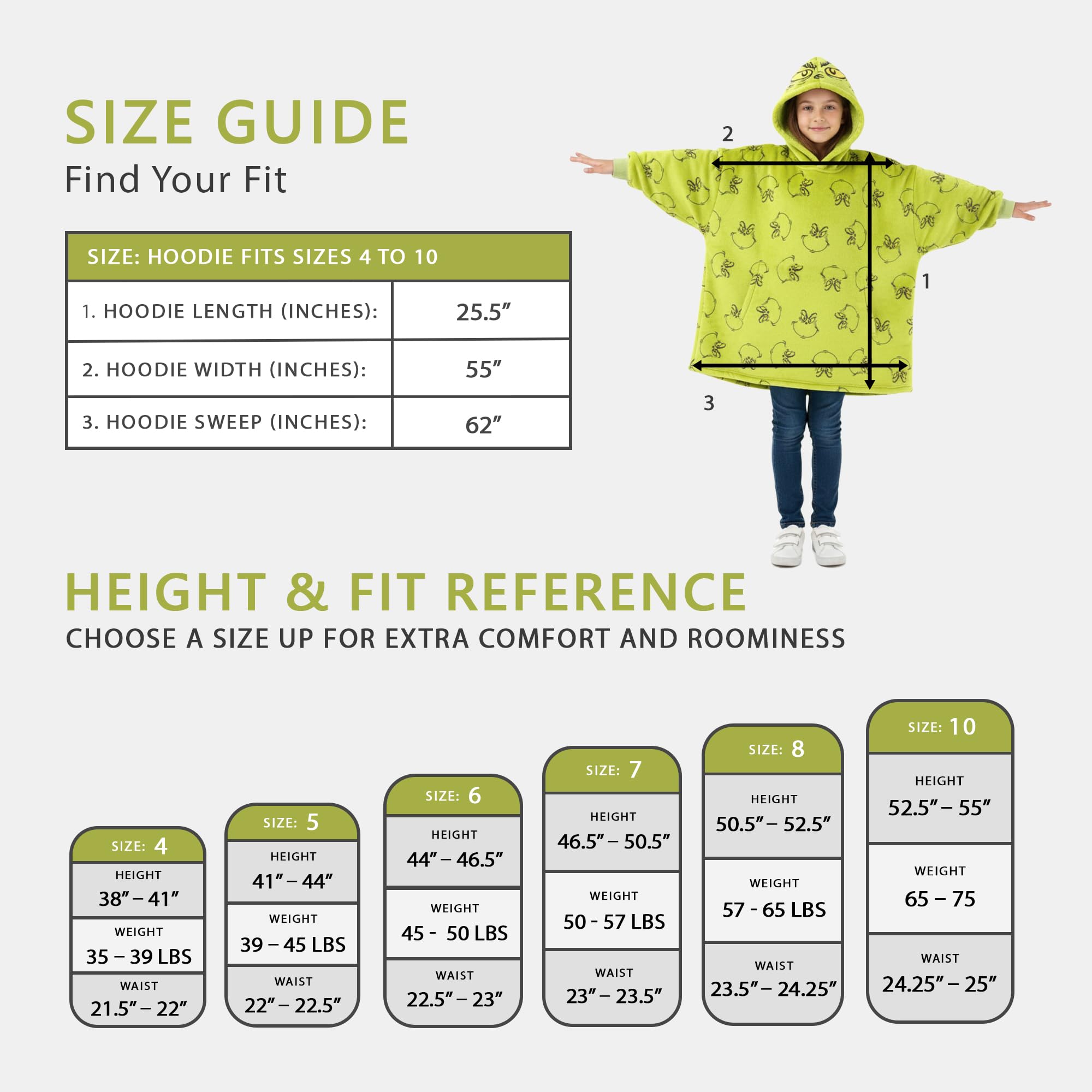 Dr. Seuss Grinch hoodie on child showing one-size-for-most scale