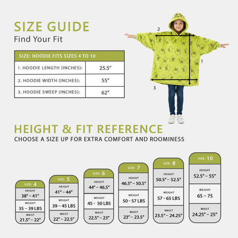 Dr. Seuss Grinch hoodie on child showing one-size-for-most scale