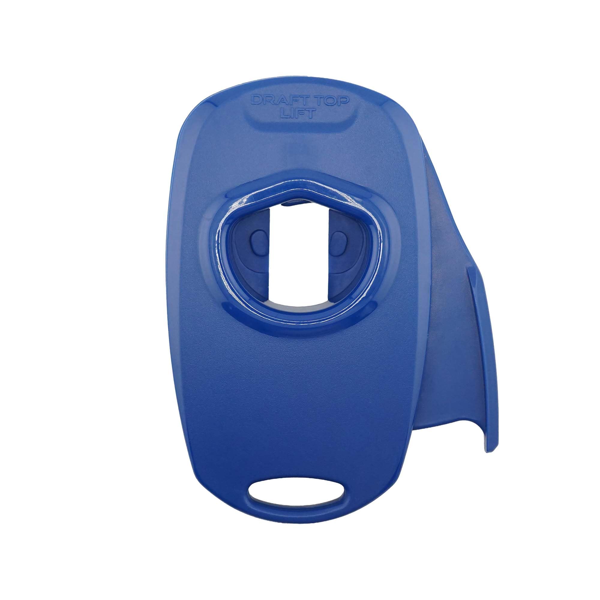 Draft Top showing front view of blue opener, clear benefit portable use