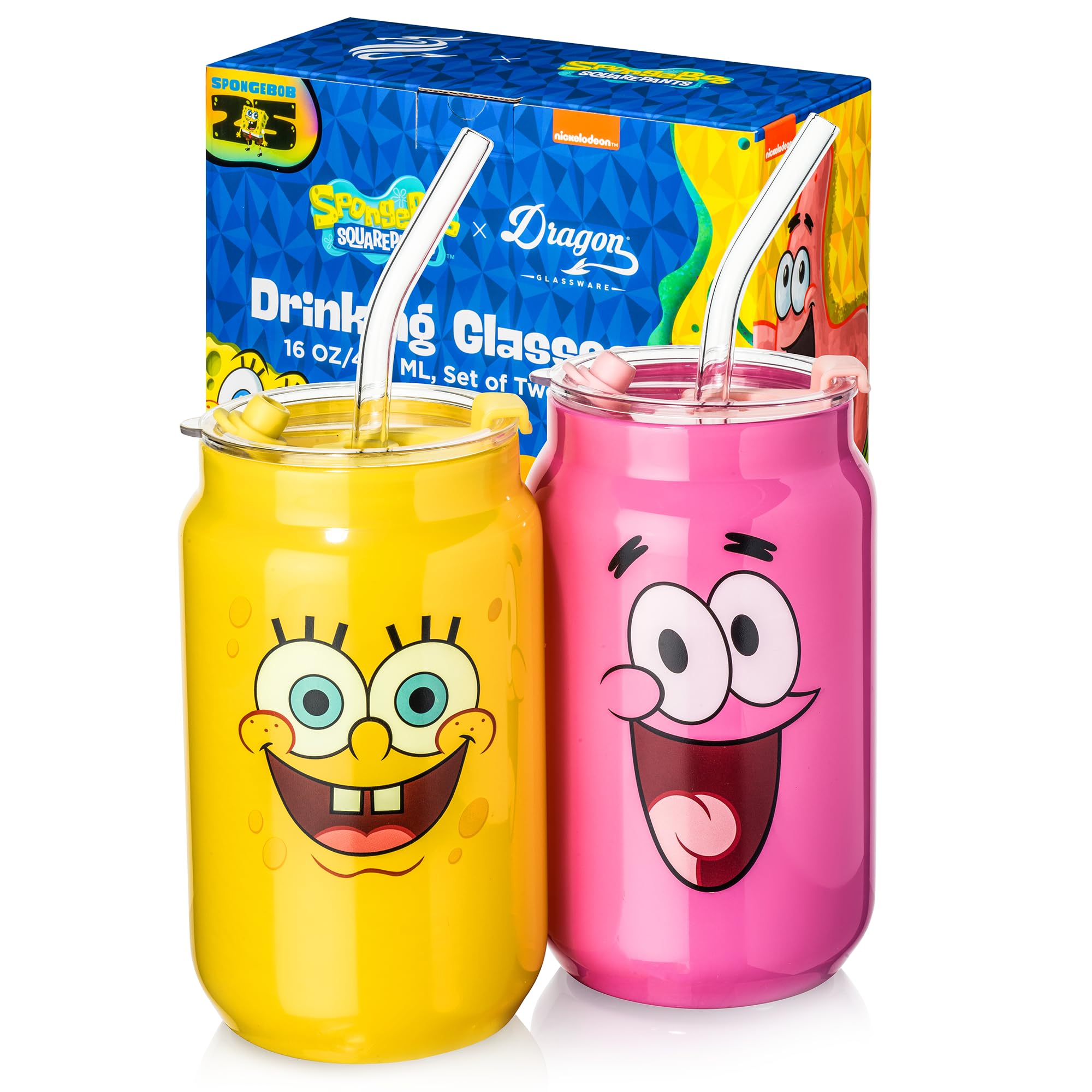 Dragon Glassware SpongeBob front view showing character faces and 16 oz capacity benefits