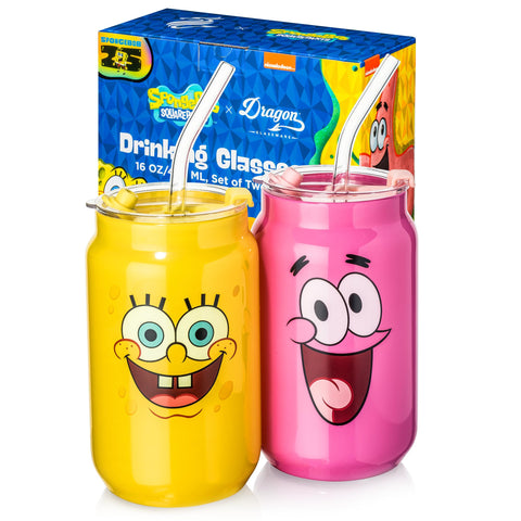 Dragon Glassware SpongeBob front view showing character faces and 16 oz capacity benefits