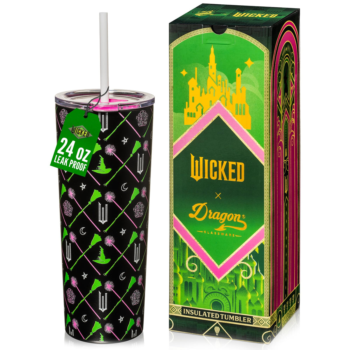 Dragon Glassware Wicked tumbler front view showing green finish and logo benefits portability