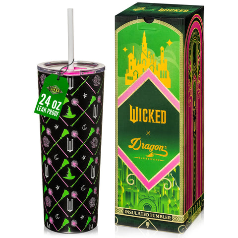 Dragon Glassware Wicked tumbler front view showing green finish and logo benefits portability