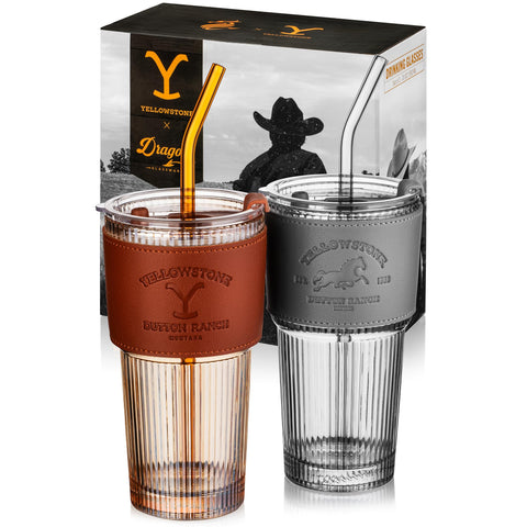 Dragon Glassware front packaging showing Yellowstone artwork and two tumblers for gifting