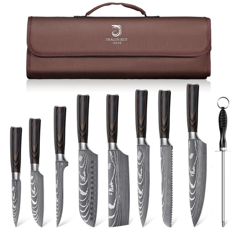 DRAGON RIOT front packaging showing full 14-in-1 knife set and roll bag, quality presentation