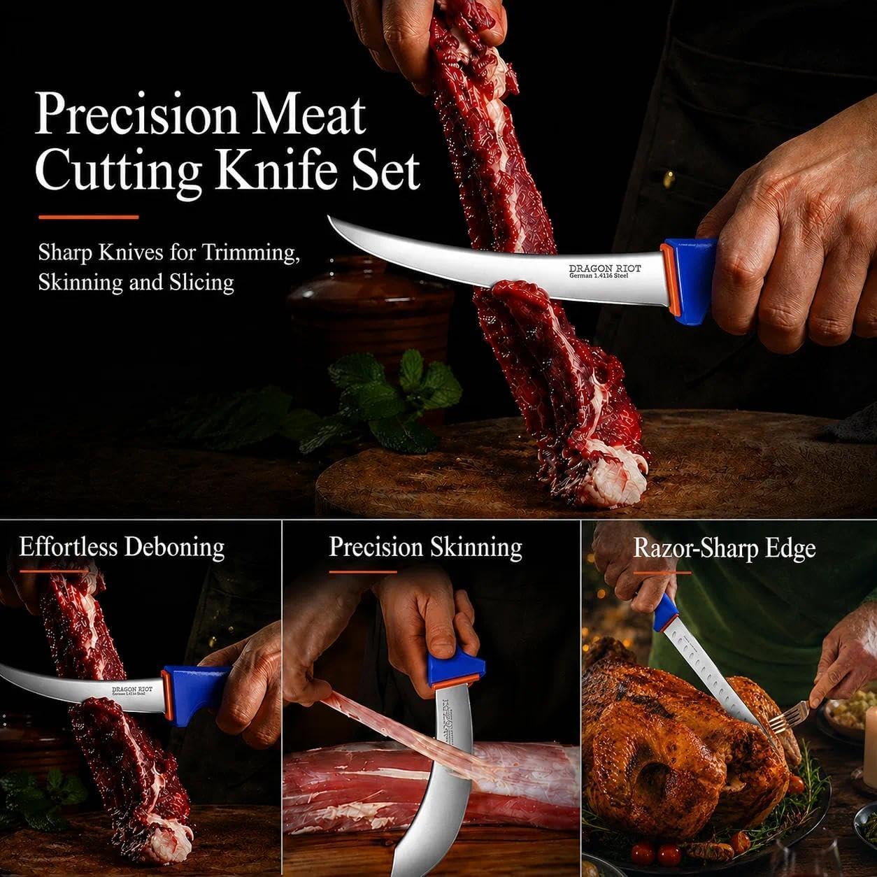 DRAGON RIOT knife slicing roast to demonstrate control and speed