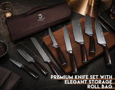 DRAGON RIOT knives organized in waterproof roll bag for safe transport and storage