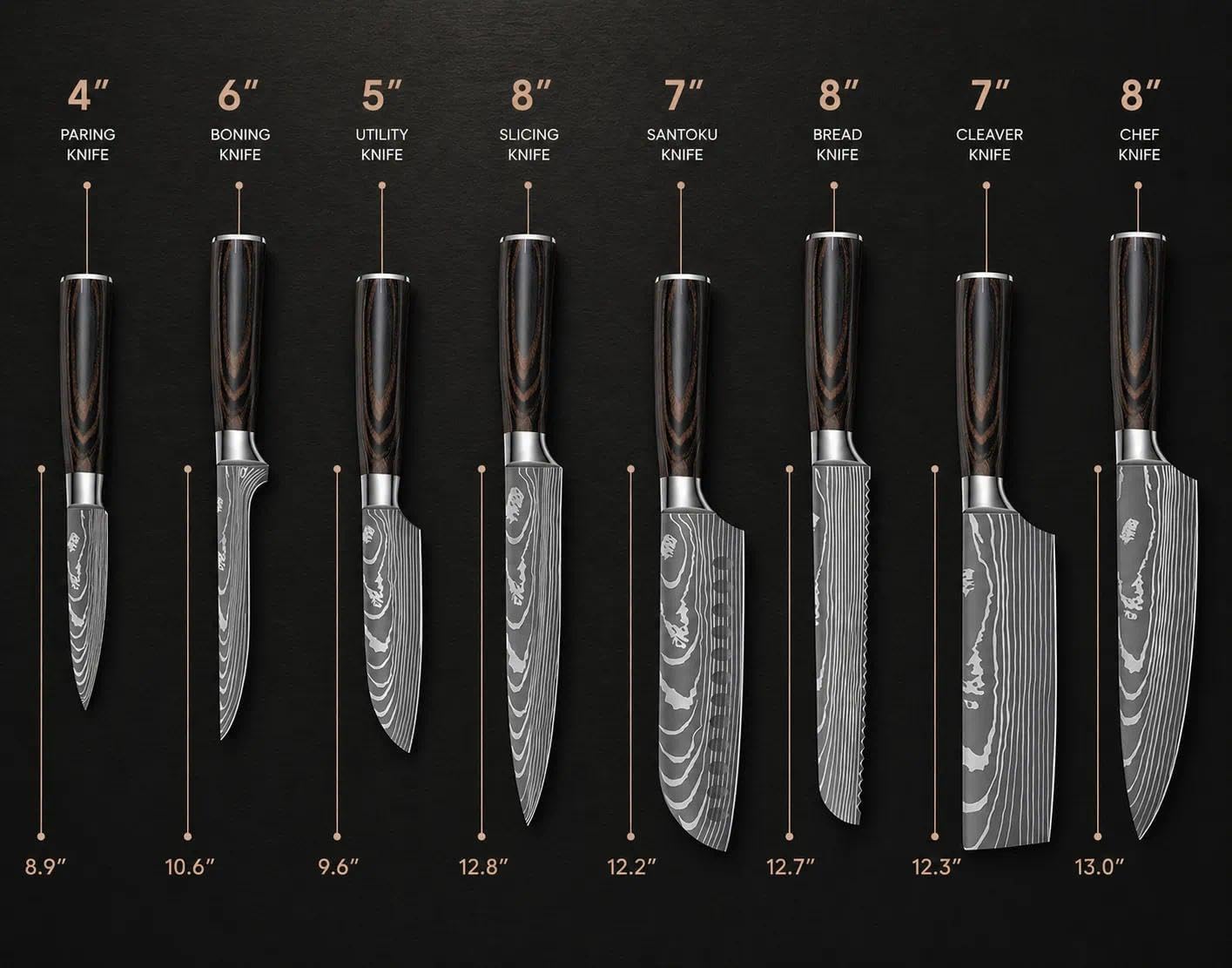 DRAGON RIOT knives laid next to ruler to display blade length and scale for buying clarity