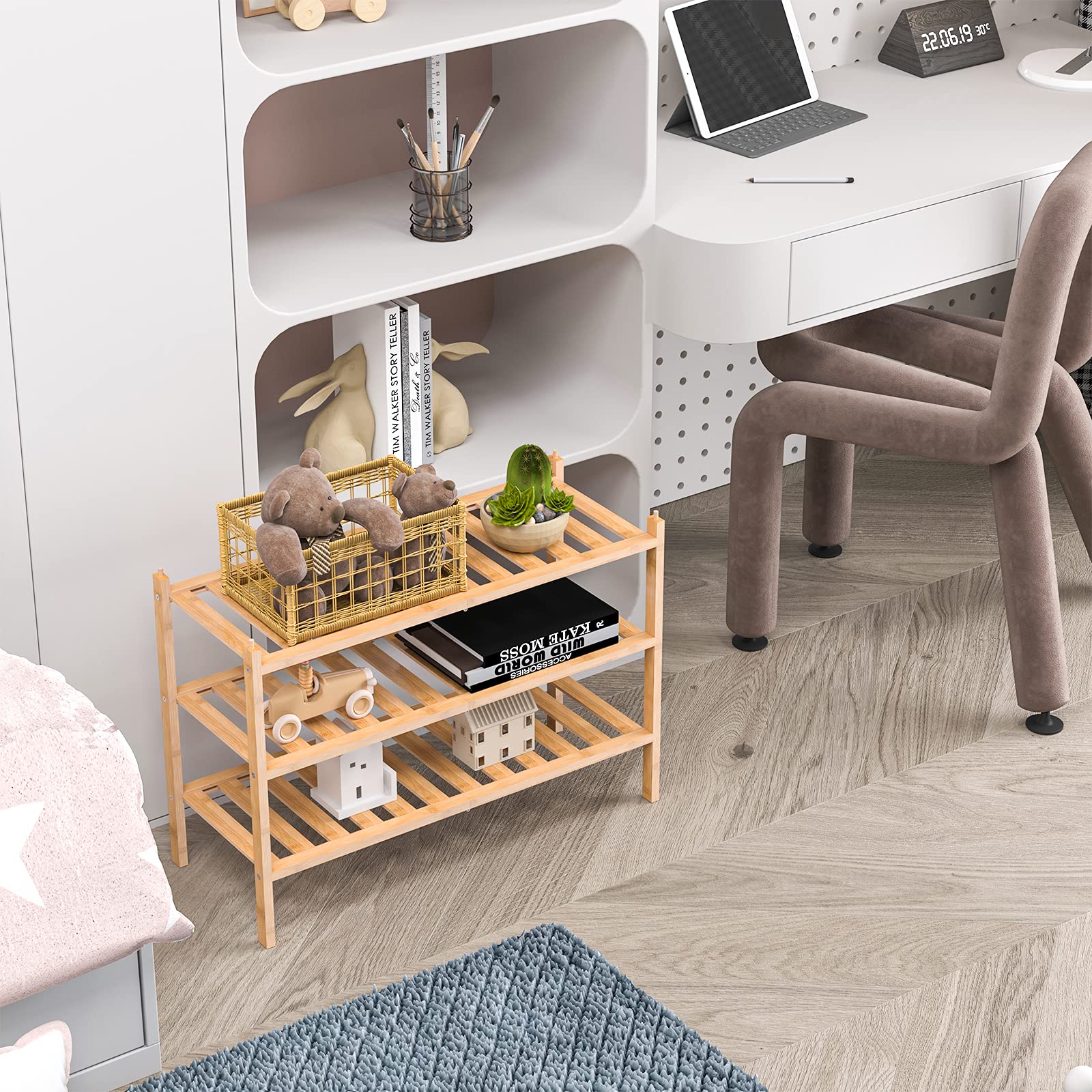 Dranixly shelf in bathroom holding folded towels and toiletries for neat storage
