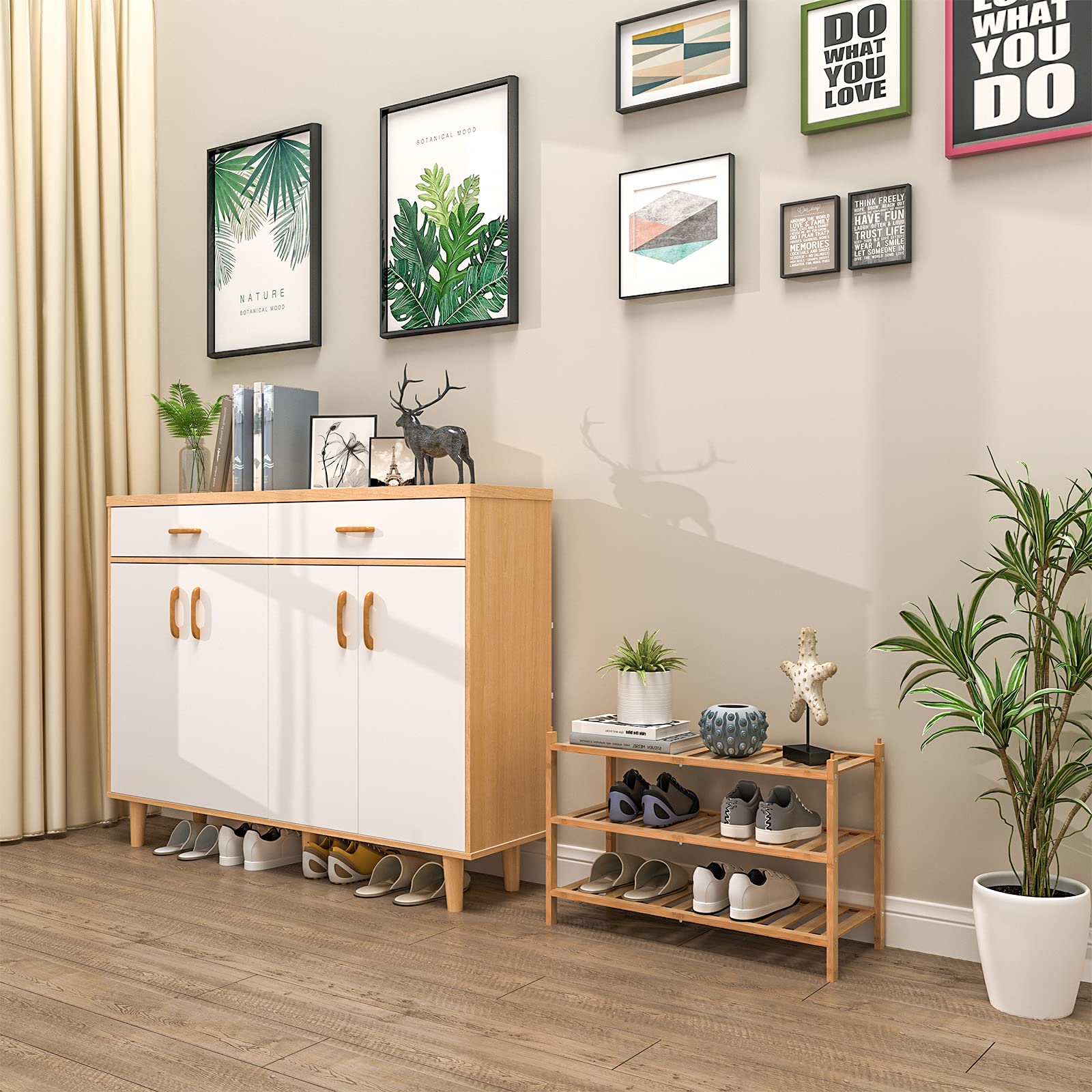 Dranixly shelf styled in an entryway storing shoes and bags to save floor space
