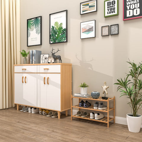Dranixly shelf styled in an entryway storing shoes and bags to save floor space