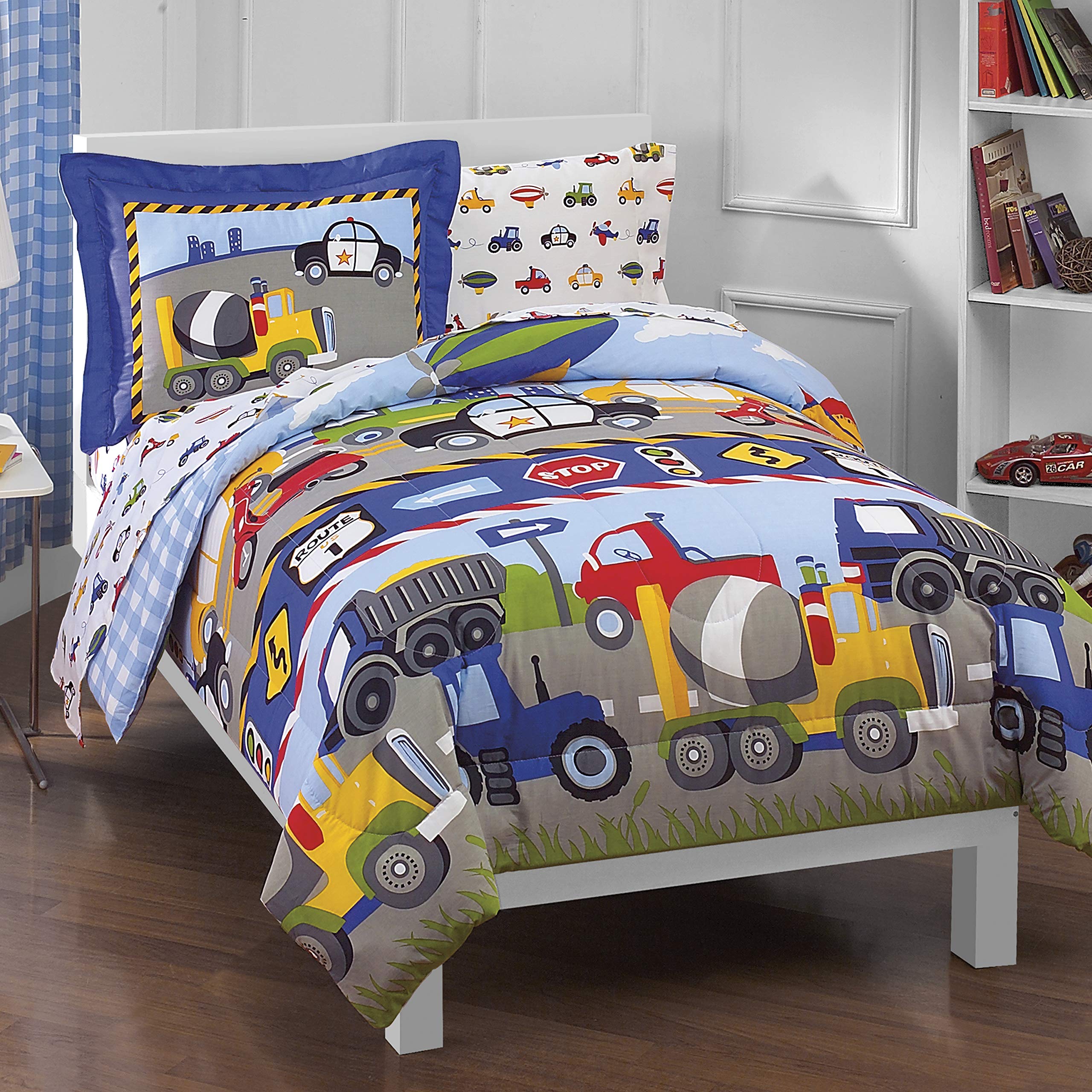 dream FACTORY comforter front view showing trucks and tractors and energetic theme
